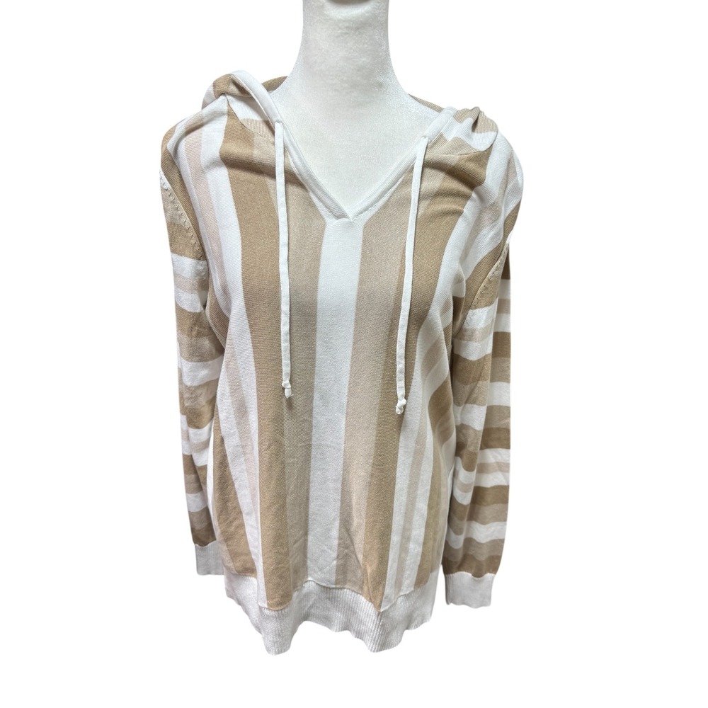 Belle Beach Kim Gravel Tan White Striped‎ Hooded Sweater V-Neck Knit Top  #K2